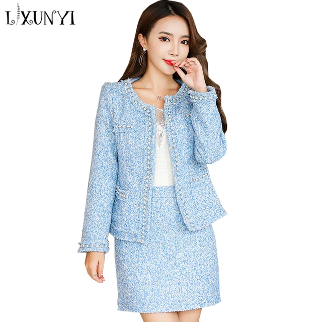 LXUNYI Fall New Two Piece Tweed Skirt Suit Set Women Beading Pearls