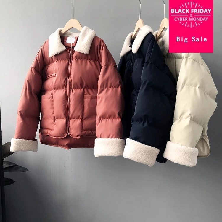 

Plus size Winter fashion brand thicker sheep fur warm jacket coat women big pocket bread style was thin thicker warm coat wq489