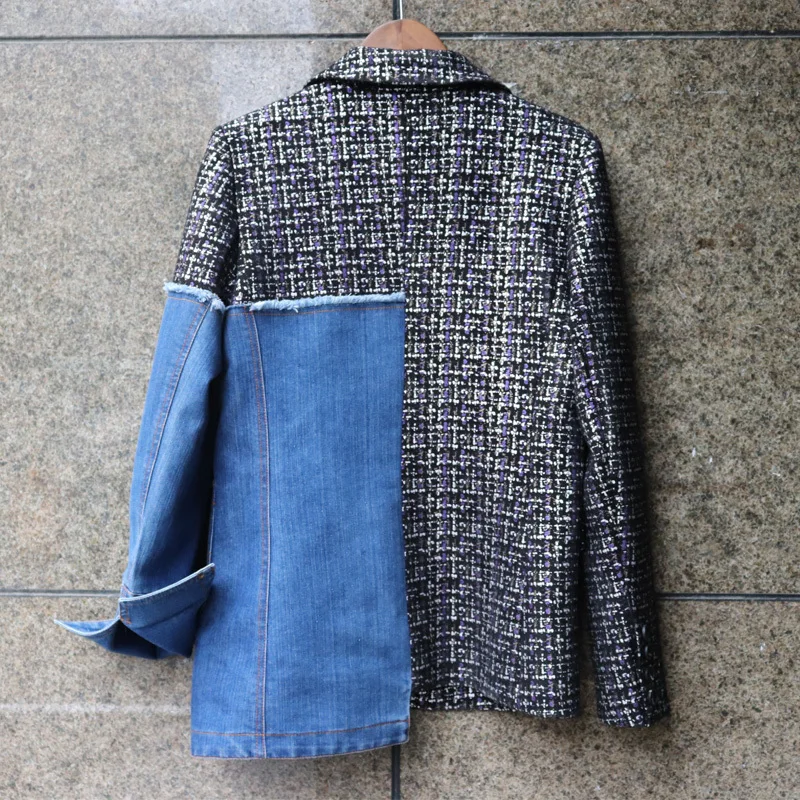 LANMREM 2019 جديد الخريف و الشتاء أزياء النساء سترة الحقيقي الصور المبيعات الساخنة الدنيم الصوف خليط سترة قصيرة WG85405L