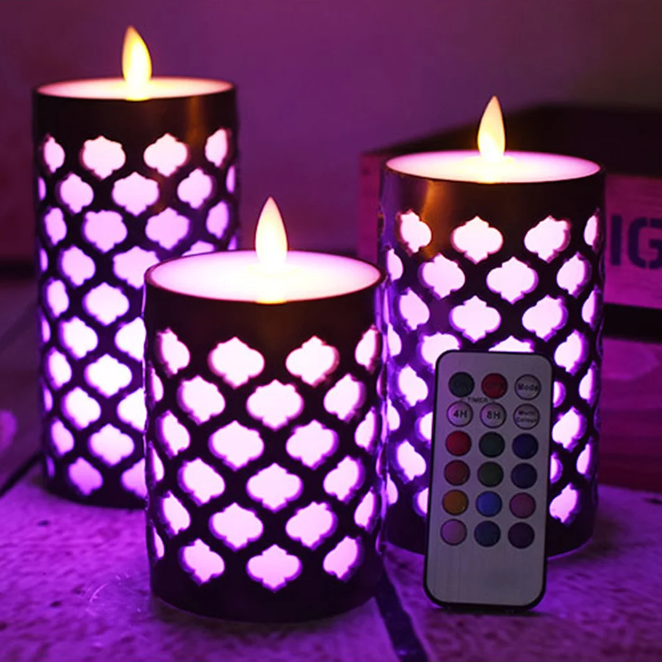 

Grid Pillar led wax Candle with swing wick and RGB remote, Halloween/Christmas flameless led candle lamp decorative,home decor.