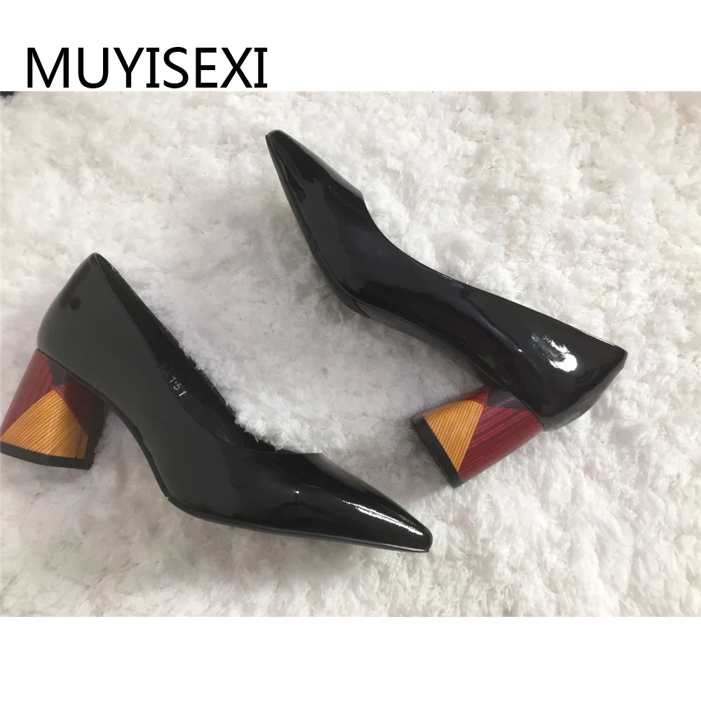 

Colored Heel Women High Heel Shoes Pointed Toe Girls Office Ladies Work Spring Woman Pumps Genuine Leather Black CW04 MUYISEXI