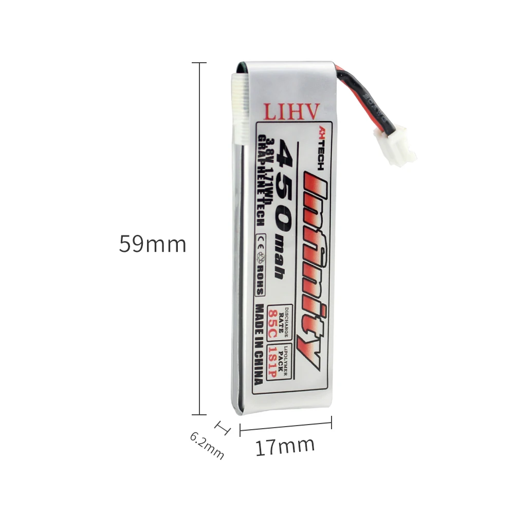 5 шт. аккумулятор Infinity Lipo 1S 3,7 V 3,8 V 450mAh 85C 1S перезаряжаемый FPV аккумулятор с разъемом PH2.0 для внутреннего гоночного дрона