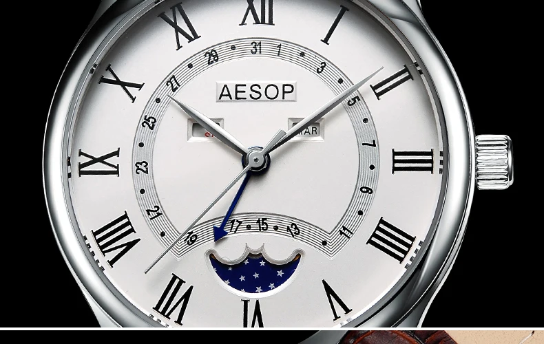 AESOP thinness 9 mm classic style Watch Men Quartz Moon Phase Male Clock Genuine Leather Relogio Masculino hour new arrival