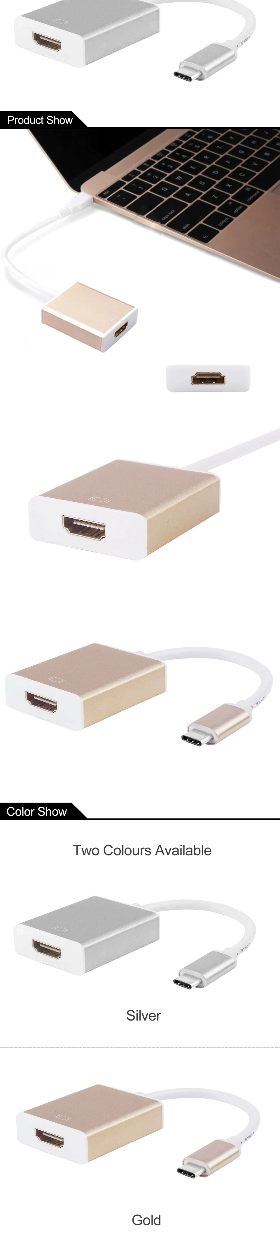 Type-C к HDMI Кабель-адаптер папа-мама(Thunderbolt3 совместимый) к HDMI USB 3,1 алюминиевый тип C для MacBook Chromebook