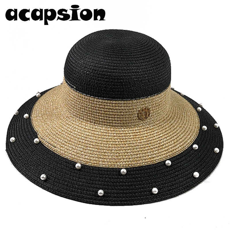 

Acapsion Elegant Summer Straw Hat M Pearls Panelled Bucket Caps Sea Beach Sun Hat Chapeu Sombrero Hombre Hats For Women Feminino