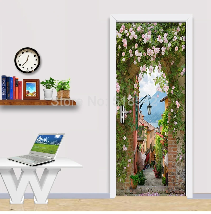 3D наклейки на дверь наклейки на стене обои домашний декор художественная роспись стен маленький город цветы ПВХ Съемная Фреска плакат двери обои