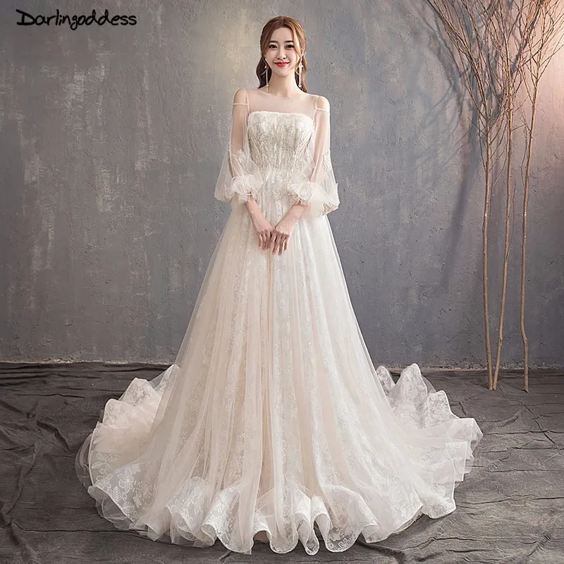 Vestidos De Novia Champagne A Line Wedding Gowns Long Sleeve Wedding