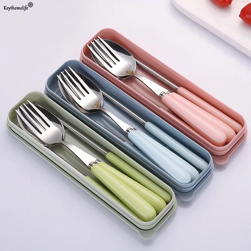 Stainless steel Fork Spoon Set with Ceramic Handle and Carrying Case for Kids