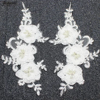 

YACKALASI Wedding Appliqued Beaded Pearl Flower Lace Patches Floral Headwear 3D Embroidered Mirror PairsTrims 27*15cm