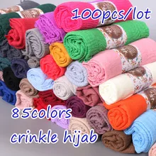 100 шт./лот, хиджаб с ворсом, хлопок, вискоза, шарф, мусульманский хиджаб, шарфы, морщинки, хиджаб, Женская шаль, 85 цветов