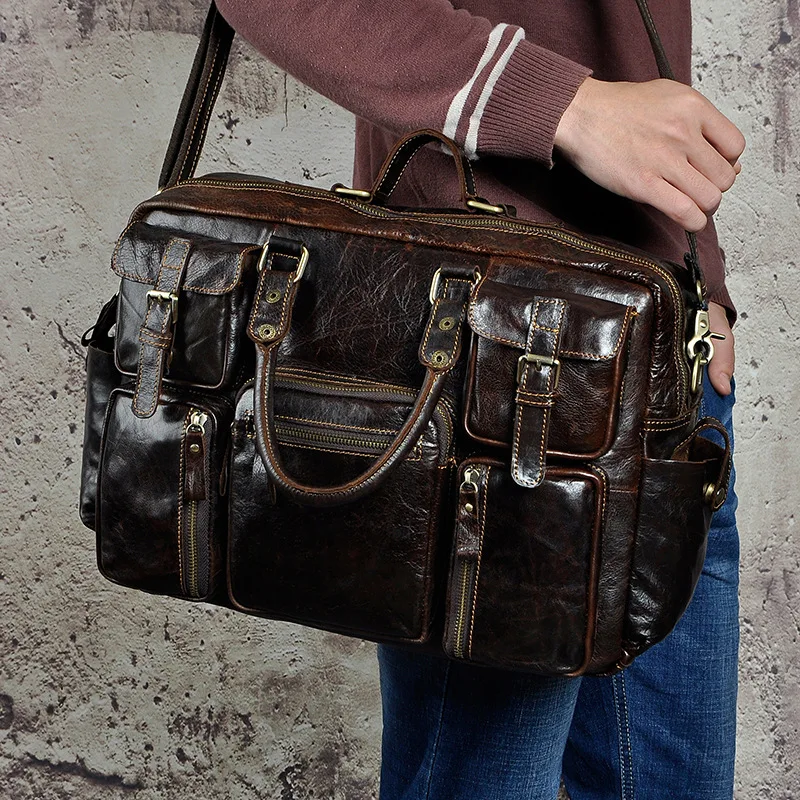 مجنون الحصان الجلود الرجال حقائب الأعمال 16 بوصة الكمبيوتر حقائب كبيرة قدرة crossbody حقيبة الرسمية السفر حقائب كتف