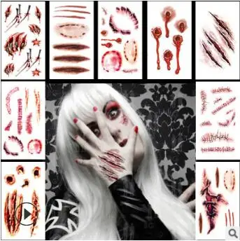 

600Set/Lot Halloween Horrible Scar Scratch Fake Wound Stitch Tattoos Stickers Mix Styles Water-Proof Temporary HA220