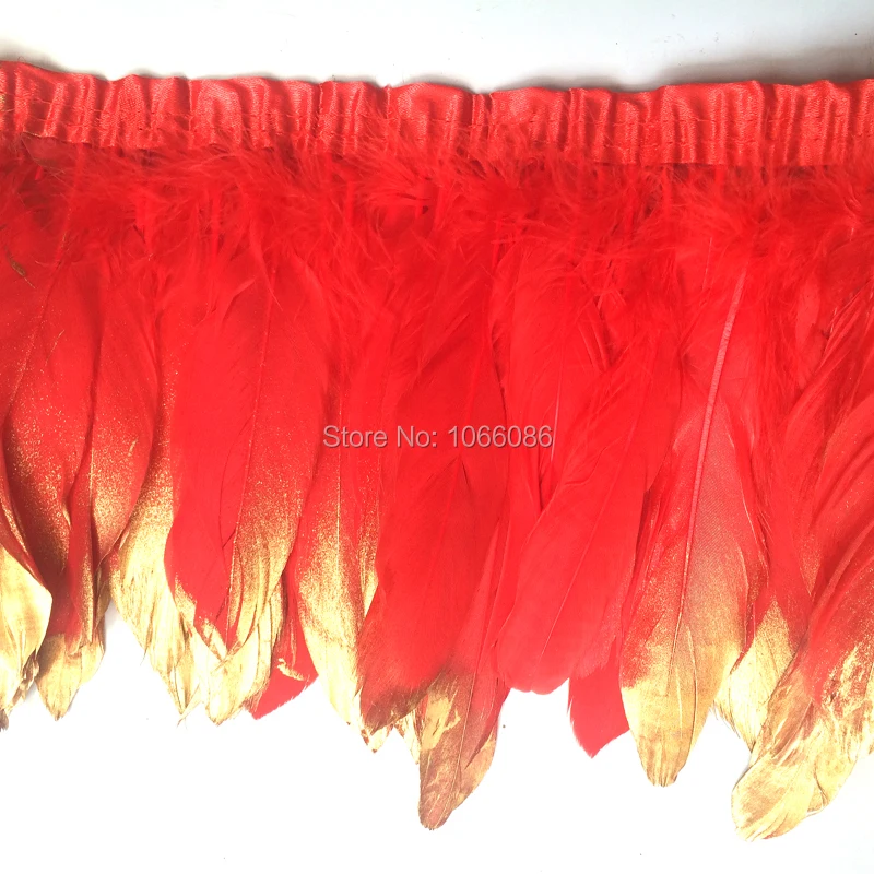 

8yard/lot gold paint spray goose feather fringes 15-20cm red with gold tips goose feather trims 2y/pc