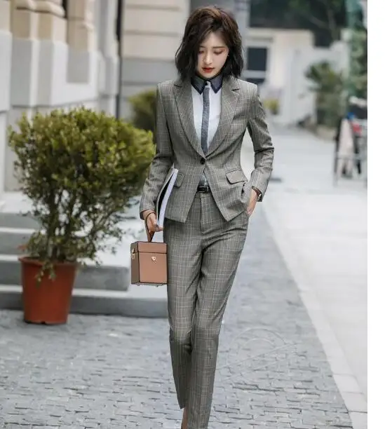 New Fashion Yellow plaid Pant suit Women Long sleeve Blazer and Pant