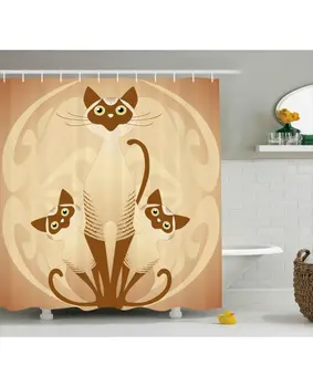 

Animal Shower Curtain Three Asian Siamese Cats Print For Bathroom Waterproof And mildew resistant Set Hooks