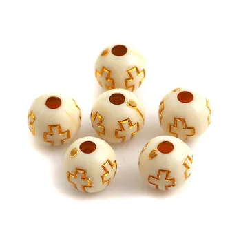

Doreen Box Acrylic Beads Round Beige Gold Color Cross Pattern About 8mm( 3/8") Dia, Hole: Approx 2mm, 500 PCs for Jewelry Making