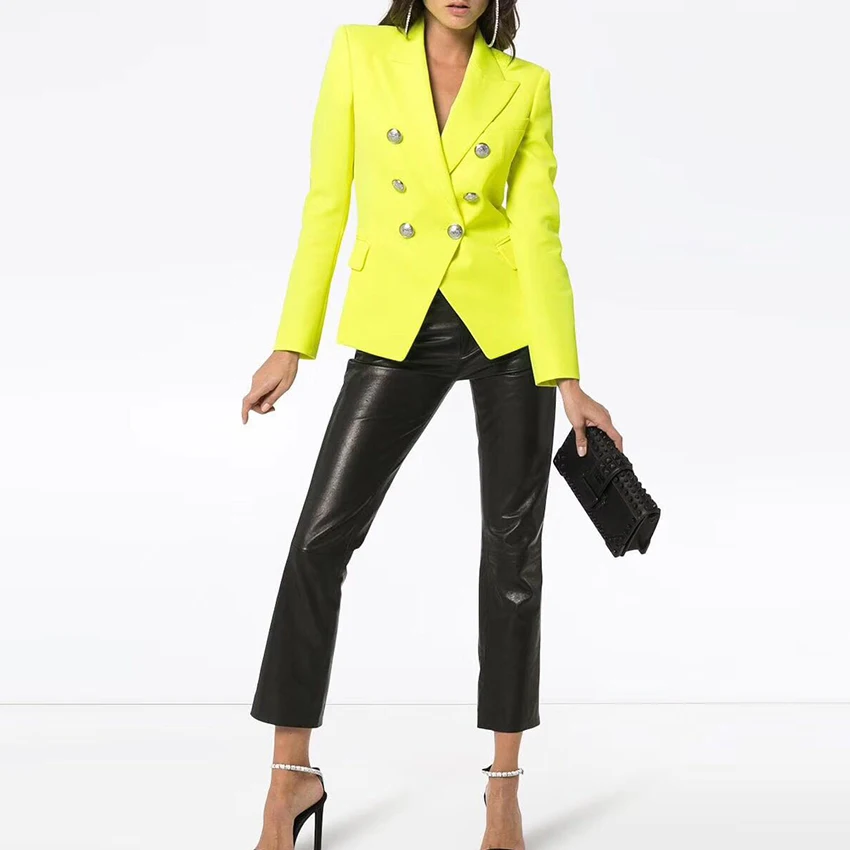 

HIGH STREET New Fashion 2019 Classic Designer Blazer Jacket Women's Lion Metal Buttons Double Breasted Yellow Blazer Outer