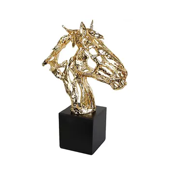 

43.5cm Plating Golden Horse Head Decor Abstract Horse Figurine Decorative Hollow Out Metal Statue Best Xmas Gift R2026