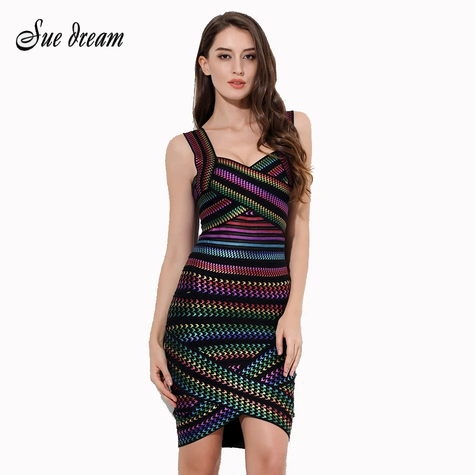 

2016 New hot women dress Backless Patterned Foil Rainbow purple red green colorful V-Neck evening party bandage dresses vestidos