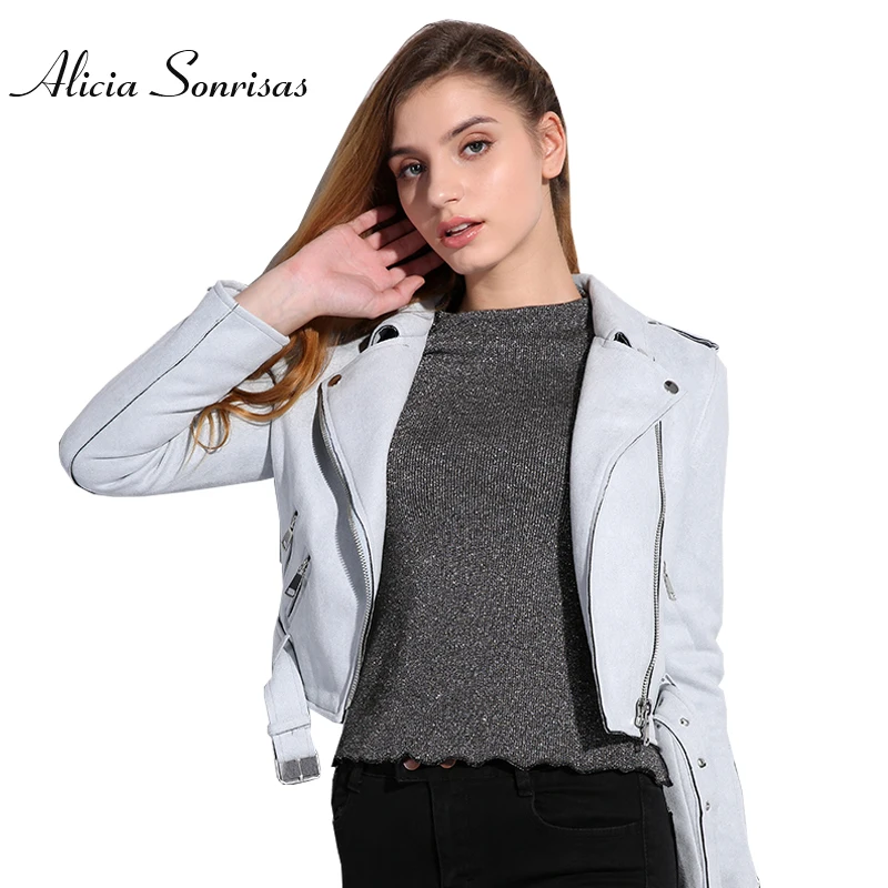 

2017 Spring Leather Jacket Women Suede Jacket Brown Motorcycle Biker Belted Short Coats Blue Brown Suede Jackets MF1000