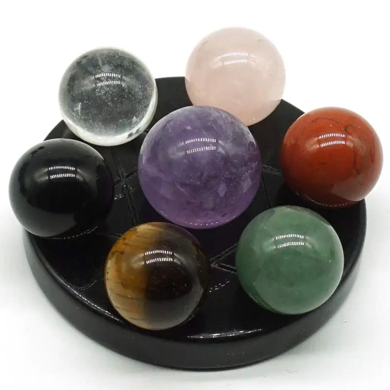 Seven Star Group Natural Amethyst Chakra Crystal Sphere Ball with Black Obsidian Stand Seven Star Group Natural Amethyst Chakra Crystal Sphere Ball with Black Obsidian Stand