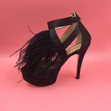 Black Satin Women Pumps With Ostrich Feather High Heels Open Toe Ladies Shoes Stilettos Zipper Platform Pump Shoes Real Image