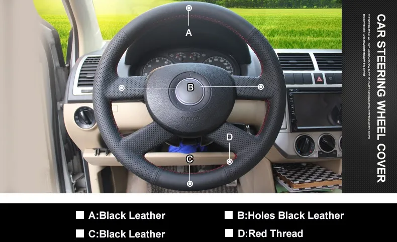 MEWANT for Volkswagen VW Polo 2003 2004 2005 2006 Black Artificial Leather Steering Wheel Cover