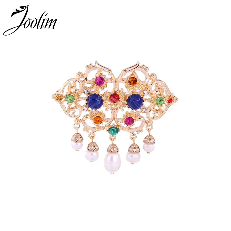 

JOOLIM Traditional Colorful Crystal Simulated Pearl Brooch Pin Indian Jewelry