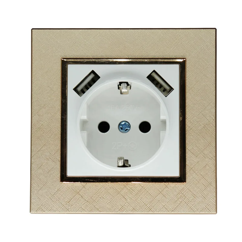 

2019 Double USB Port 5V 2A European Plug Sockets Gold color plastic frame Wall Mount Charger Adapter Docking Receptacle Panel