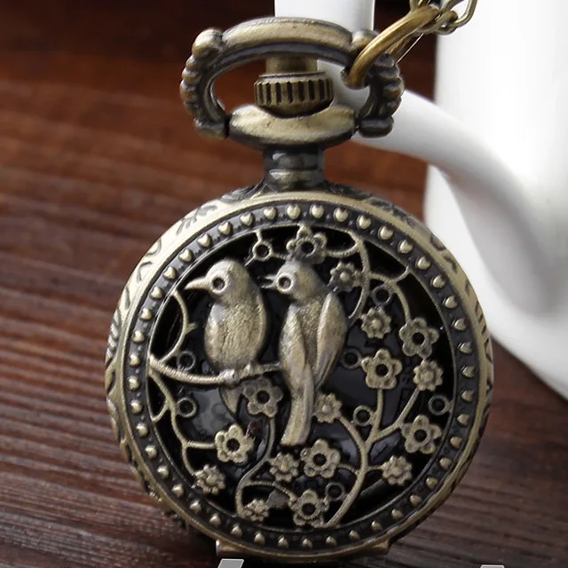 Vintage Bronze Cute Love Bird Flower Hollow Quartz Pocket Watch Women Men Chain Vintage Bronze Cute Love Bird Flower Hollow Quartz Pocket Watch Women Men Chain