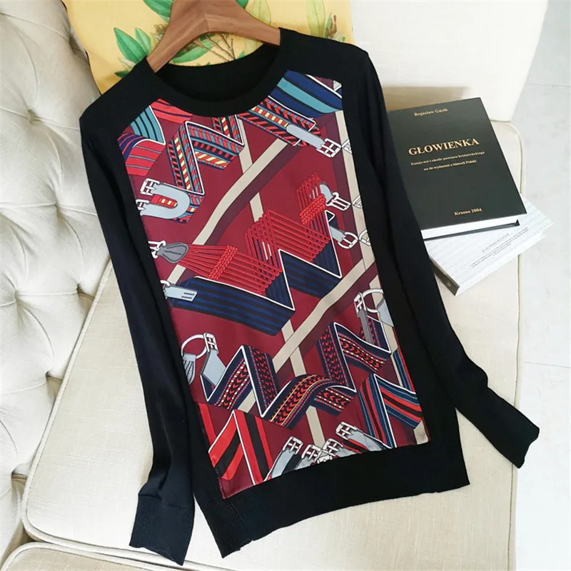 Роскошный дизайнерский брендовый вязаный пуловер для женщин с круглым вырезом, винтажный Шелковый вязаный свитер с принтом с цепочкой - Цвет: Черный