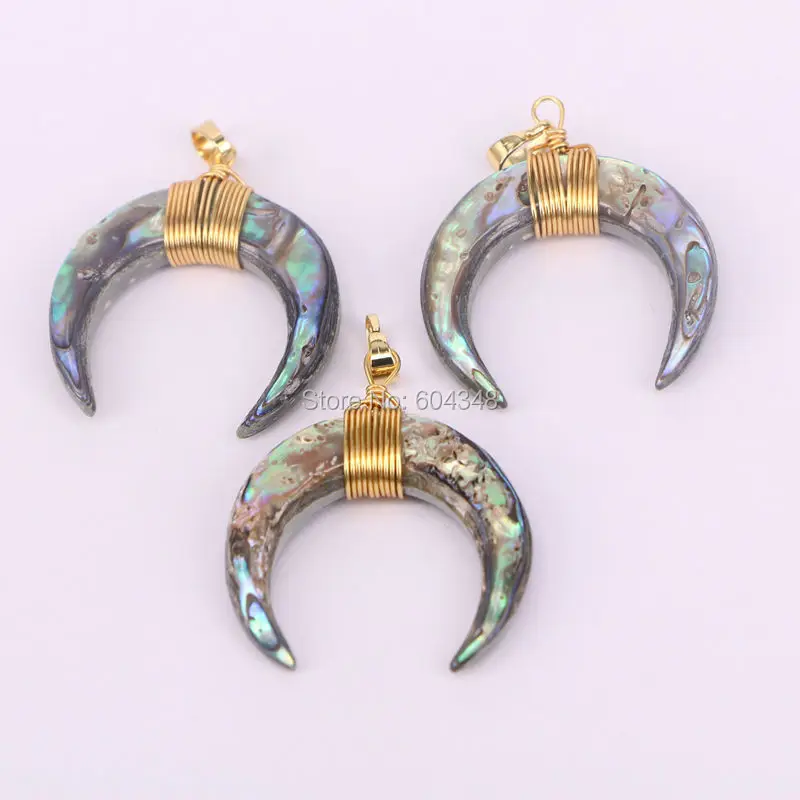 

5pcs Gold Wire Wrapped Rainbow Abalone Shell Horn Pendant Crescent Moon Jewelry