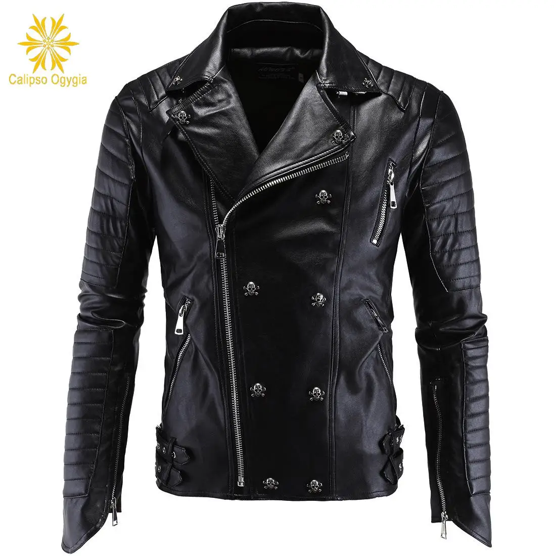 Winter Fashion Mens Leather Jackets and Coats Full Pelt Skullls Botton Punk Style Zippers Pu Leather Jacket Men Motorcycle Coat