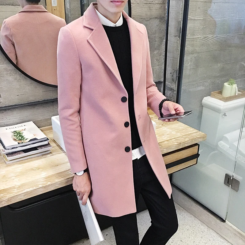 Зимняя Толстая теплая однотонная шерстяная Повседневная Деловая Длинная ветровка мужская куртка/эксклюзивное модное мужское шерстяное пальто - Цвет: Pink