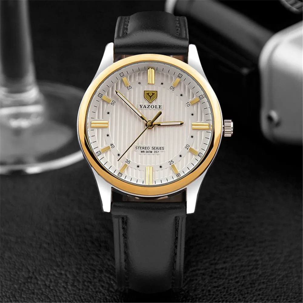 

YAZOLE Men Business Watches With Leather Watchband Black Shockproof Waterproof Watch 3D Dial Design Wristwatches Clock Christmas