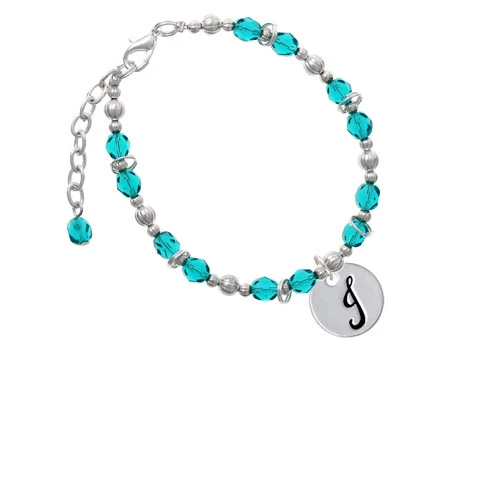 Silvertone Large Script Letter - J - 3/4'' Disc - Teal Beaded Bracelet