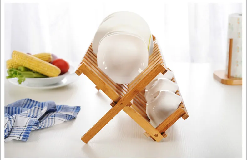  Natural Bamboo Folding Dish Drying Rack Flatware Holder Plate Storage Holder Plate Wooden Flatware  - 32788888923