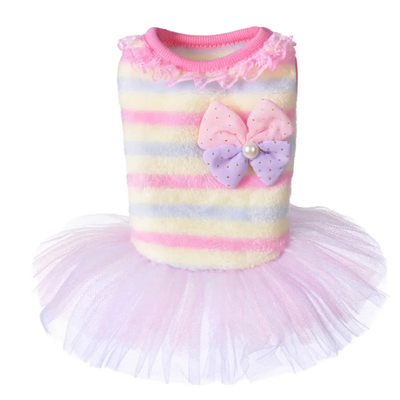 

Warm & Cosy Coral Fleece Puppy Dog Dress Cute Bowtie Pet Cat Dog Princess Tutu Dress Lace Doggie Clothes Winter Kitten Costume