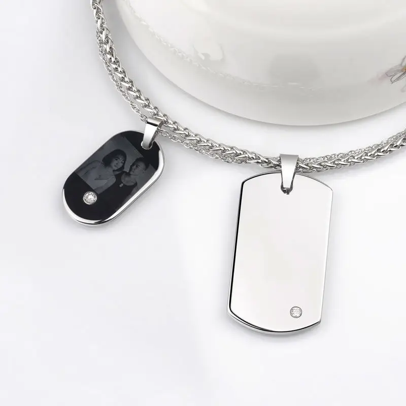 Новая мода индивидуальные серебряные тона карбида вольфрама Dog Tag подвески ожерелья для мужчин и женщин лазерная гравировка буквы или фото