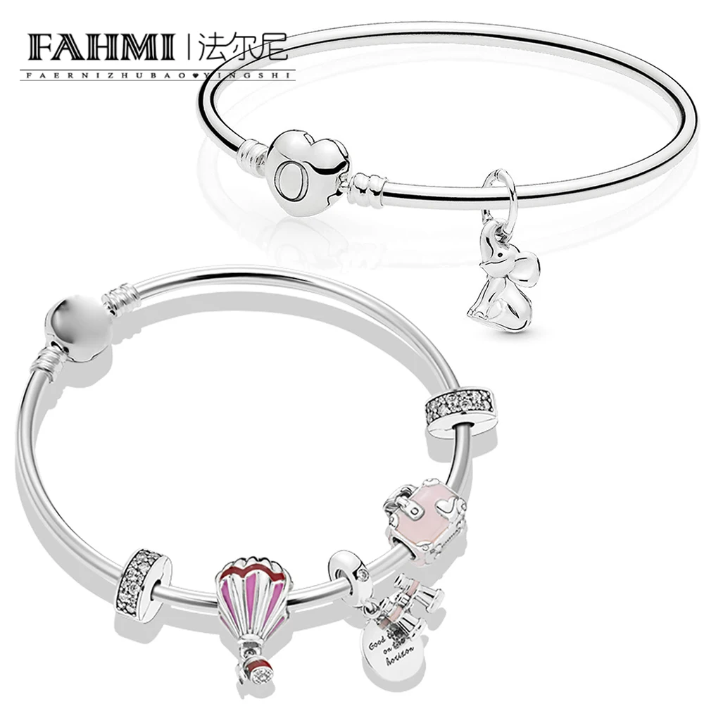 

FAHMI 100% 925 Sterling Silver Summer Sweet Travel Bracelet Set Hot Air Balloon Romantic Elegant LUCKY ELEPHANT BANGLE SET