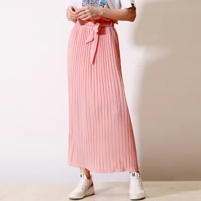 Дубай мусульманская женская плиссированная Макси Длинная юбка с поясом высокая талия морщинка стрейч шифон мусульманское половина платье большого размера - Цвет: Pink