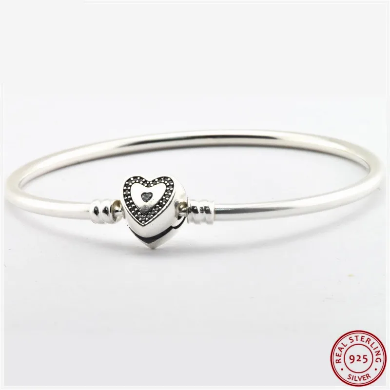 

Mother's Day Gift Authentic 925 Sterling Silver Wishful Heart Bangles Bracelets for Women Jewelry with Clear CZ Wholesale FLB024