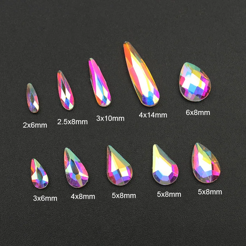 Fashion Crystals AB 30pcs/lot 3D Nail Art Long Water Drop Fancy Shaped Colorful Glass Stones For 3D Nails Art Decorations