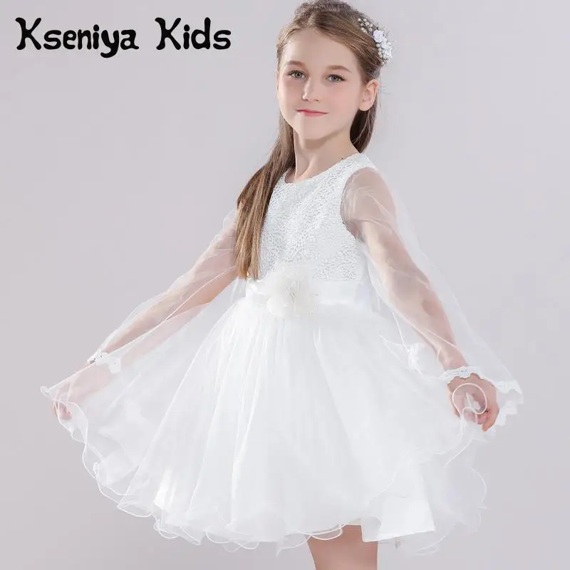 

Kseniya Kids White Girl Princess Dress Long Sleeve Net Yarn Flower Ball Gown Children Evening Dresses Party And Wedding Dress
