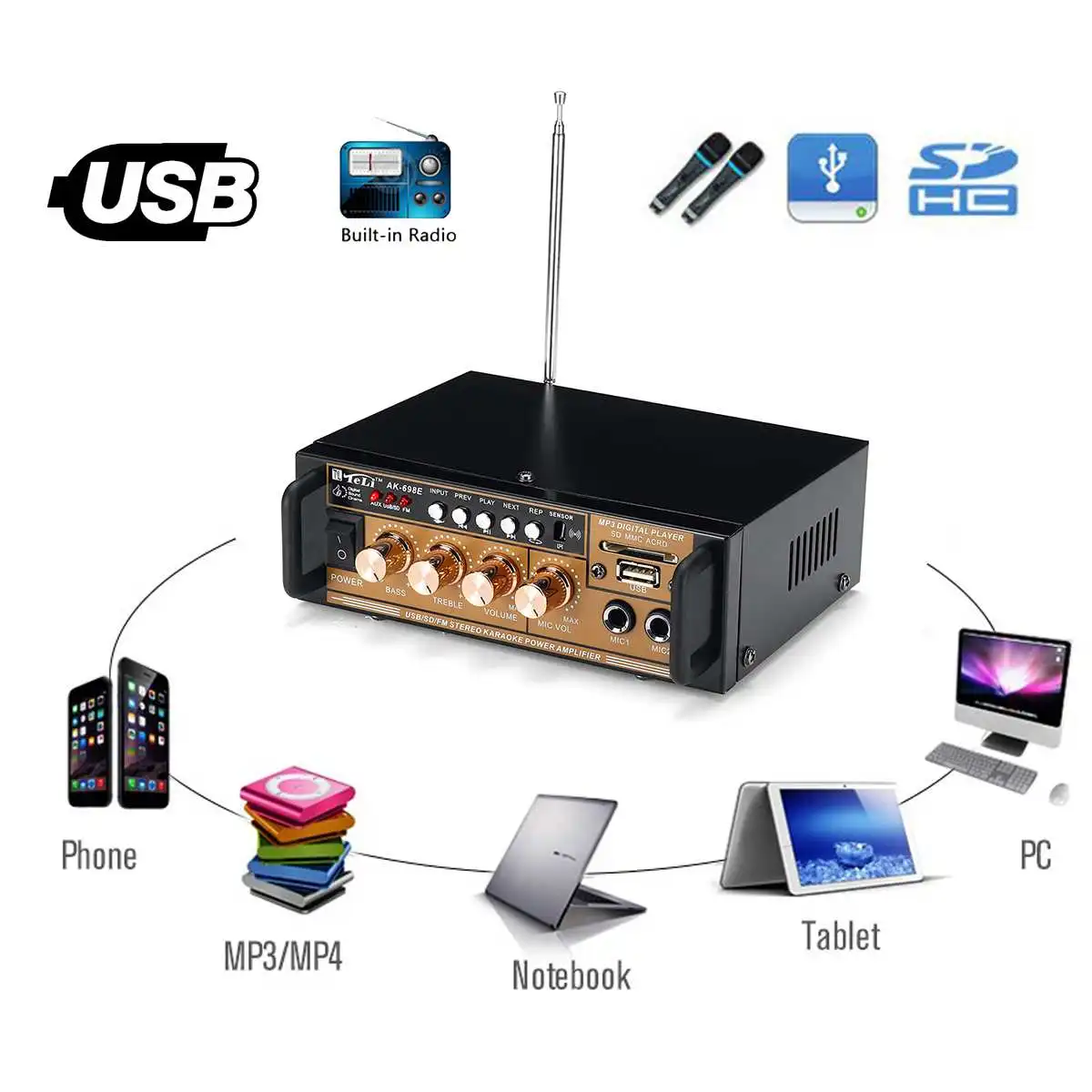 AK-698E 300 Вт 12 В/220 В мини усилитель аудио усилитель мощности стерео HIFI FM радио USB/TF 2CH для автомобиля Домашний кинотеатр усилитель