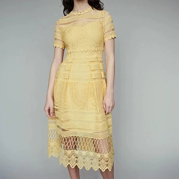 

2019 spring and summer new arrival O neck short sleeve high quality hollow out lace embroidery women mid-calf slim lace skirt