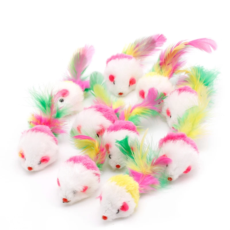 10pcs Novelty Pet Kitten Cat Furry Mouse Shaped Toy Feather Tail Fetch