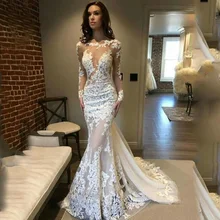 Lace Mermaid Wedding Dress With Sheer Long Sleeve Court Train Sexy Open Back Tulle Bridal Gown Vestido De Noiva semi sheer sleeveless open back elastic waist playsuit with lace details