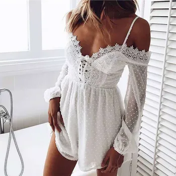 

Women Sexy Lace Off Shoulder Playsuits Rompers V-Neck Long Sleeve Lace Up Jumpsuits Summer 2019 White Dot Elegant Short Overalls