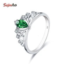 0.36CT Szjinao 925 Corona de Plata Anillos de Boda para Las Mujeres en Forma de Corazón de Cristal Verde Del Partido de Compromiso Anillos Bague Bijoux